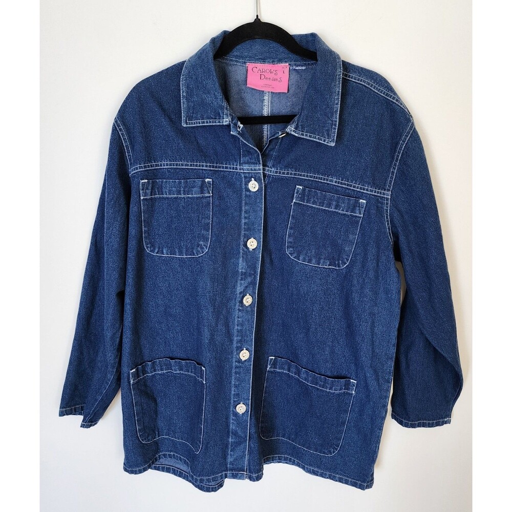 Carol’s Denims Women’s Denim Shirt Jacket L Blue 100% Cotton Button Front Pocket